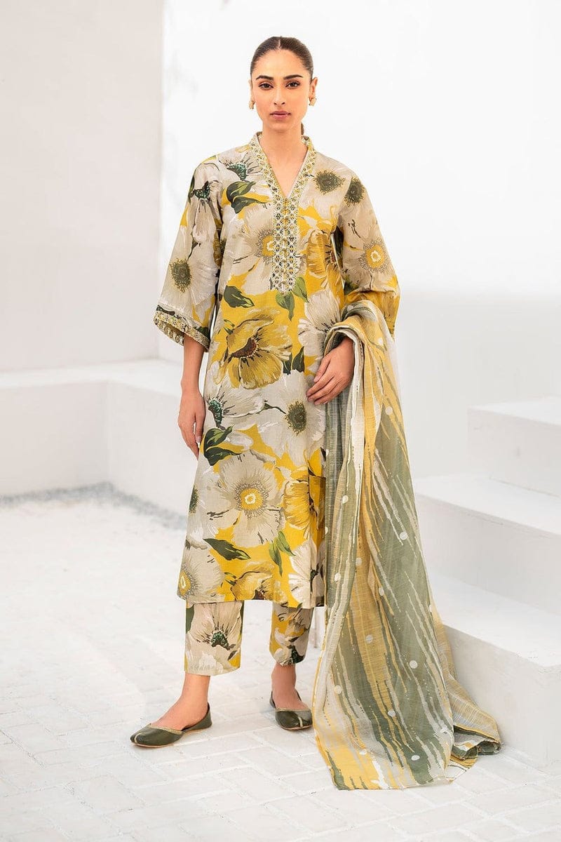 BAROQUE SUMMER COLLECTION DIGITAL PRINTED & EMBROIDERED SWISS LAWN -YELLOW FLORA